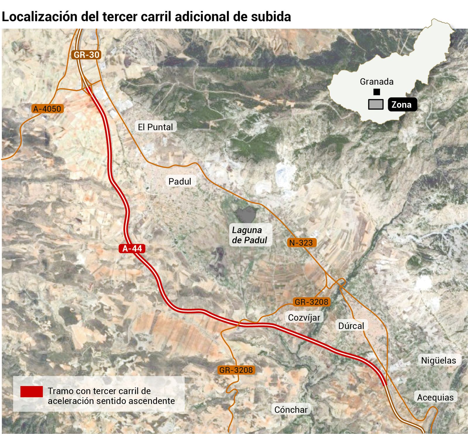 Localización del tercer carril adicional de subida. Fuente: Mitma