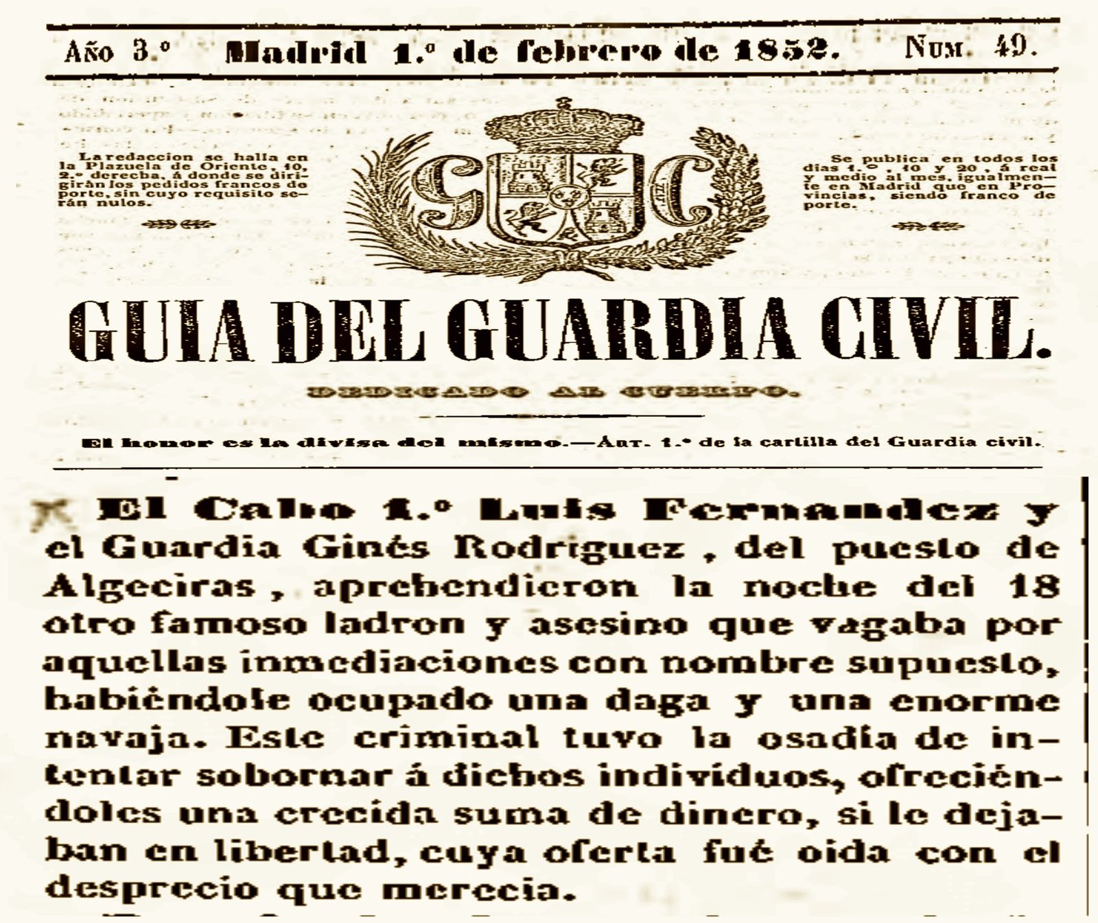 Servicio del puesto de Algeciras publicado en el 'Guía del Guardia Civil' (1852). 