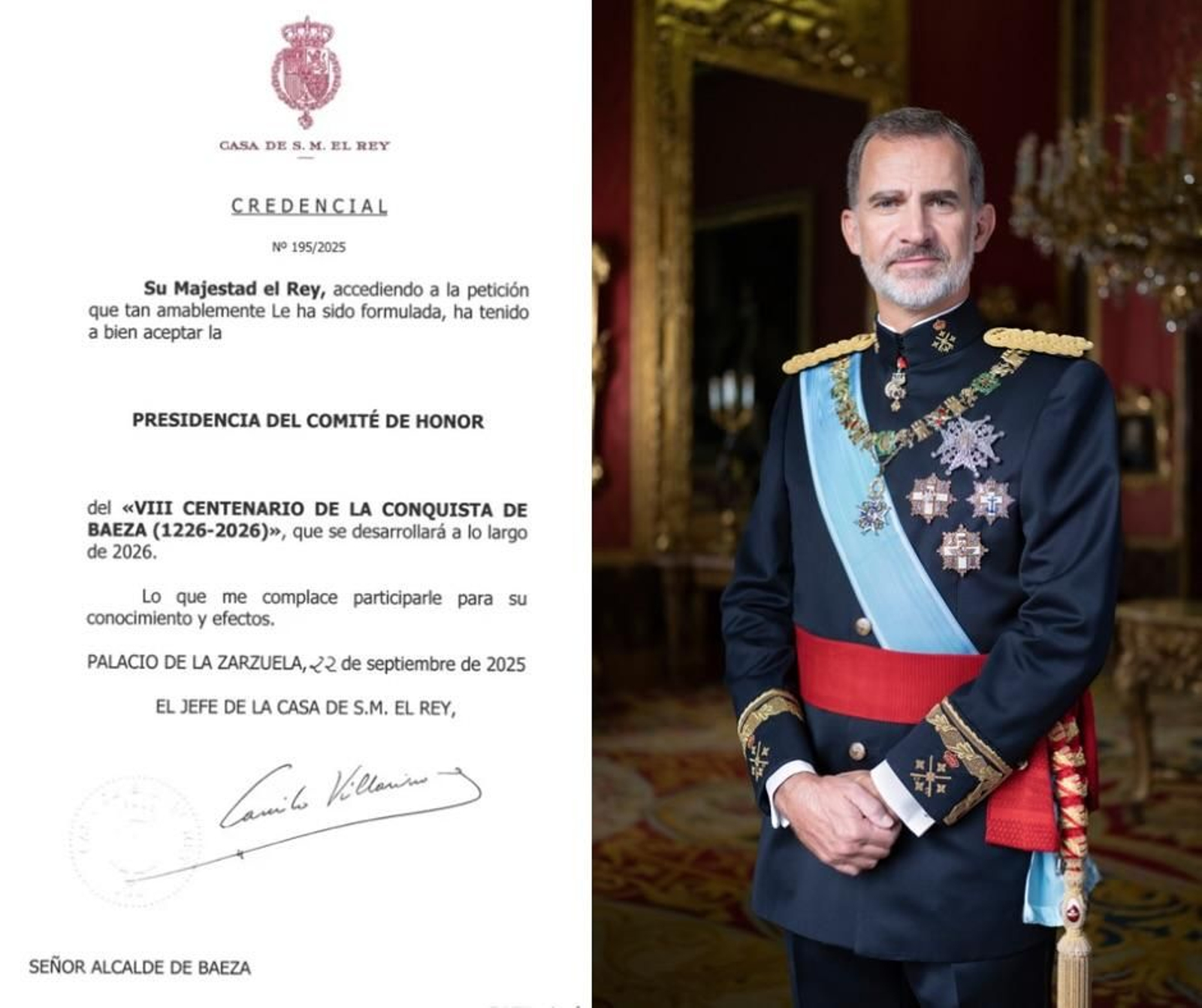 Aceptación del Rey Felipe VI a la petición del Ayuntamiento de Baeza.