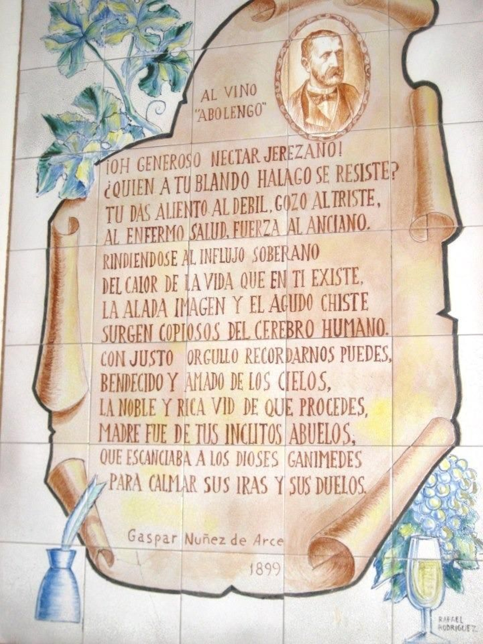 Cerámica con el poema que Gaspar Núñez de Arce dedicó al vino del marqués de Misa, 1899.