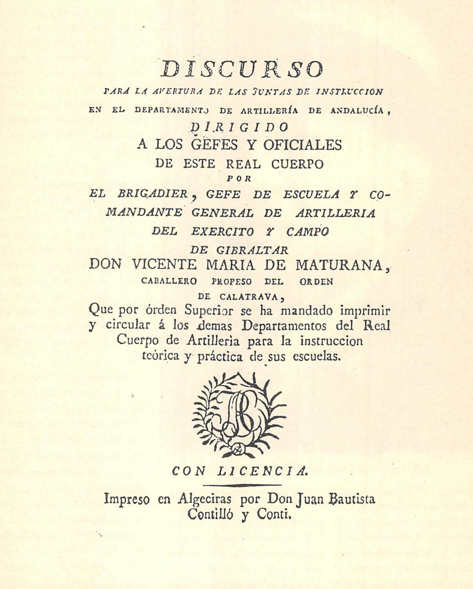Folleto impreso en Algeciras en la imprenta de Juan B. Contilló y Conti en 1806
