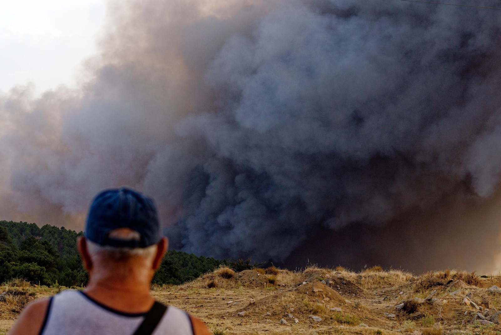 Un hombre observa la densa columna de humo provocada por el incendio en Ávila.