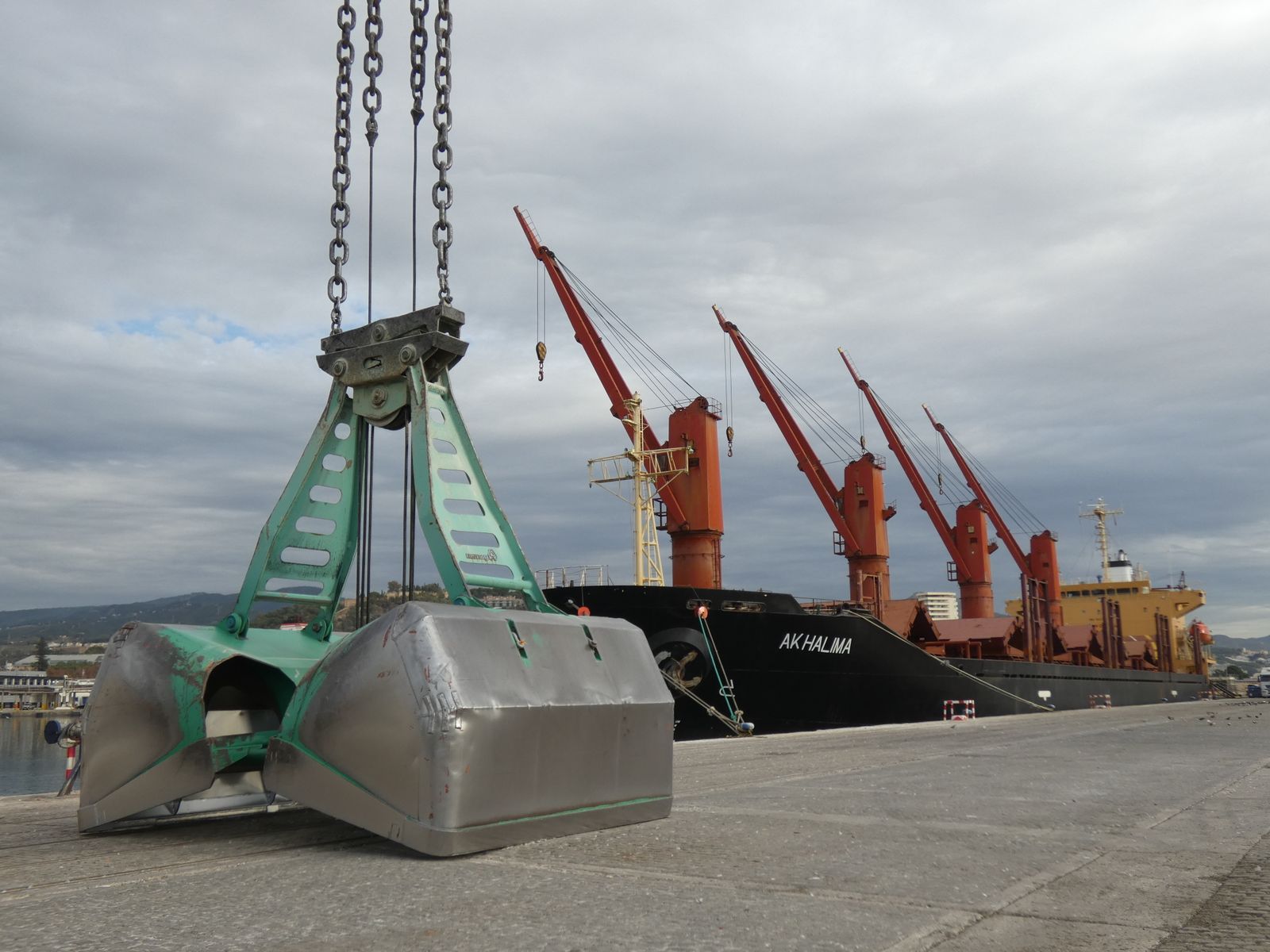 Buque 'Ak Halima' atracado en el muelle seis listo para iniciar hoy su descarga de trigo y maíz.