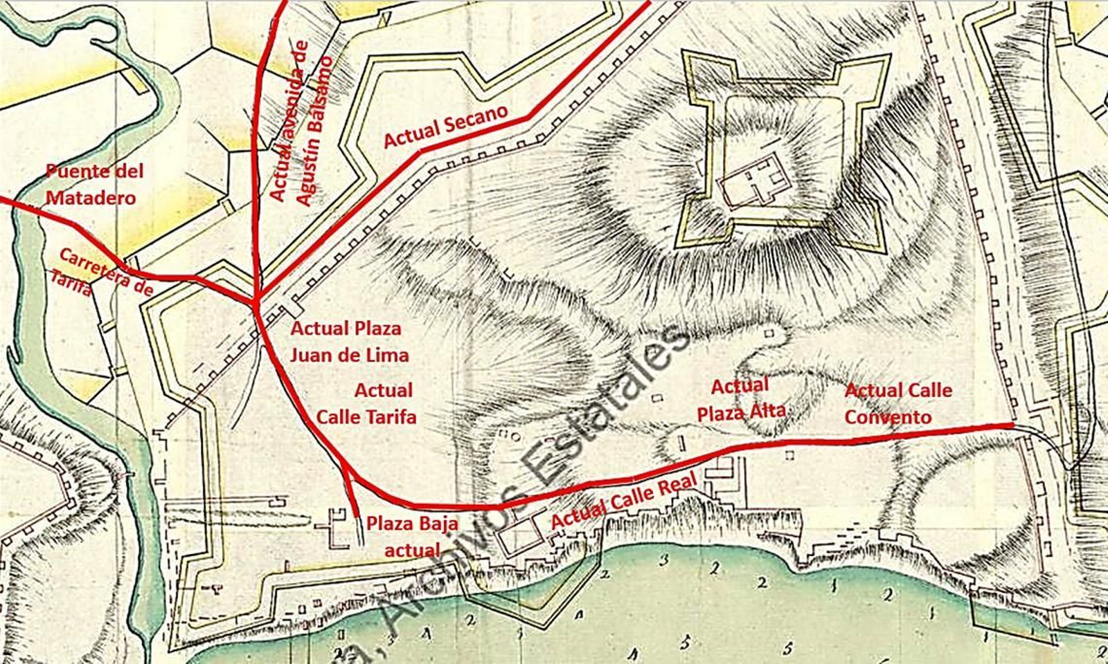 El solar de Algeciras, tal como lo encontró Verboom, con ruinas, cortijos y caminos. En rojo, los caminos que luego fueron calles.