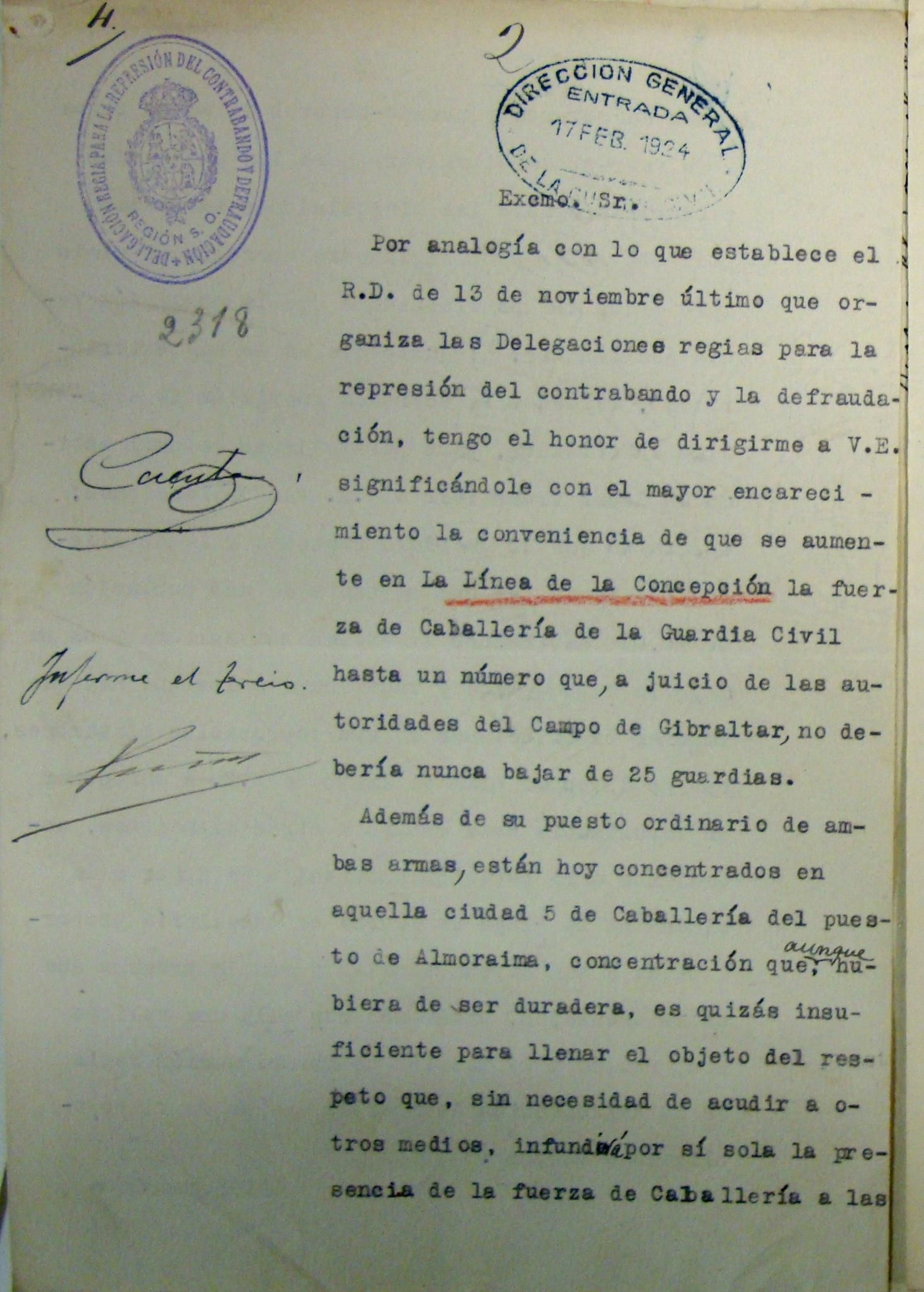 Petición del Delegado Regio de aumento plantilla Guardia Civil en La Línea (1924).
