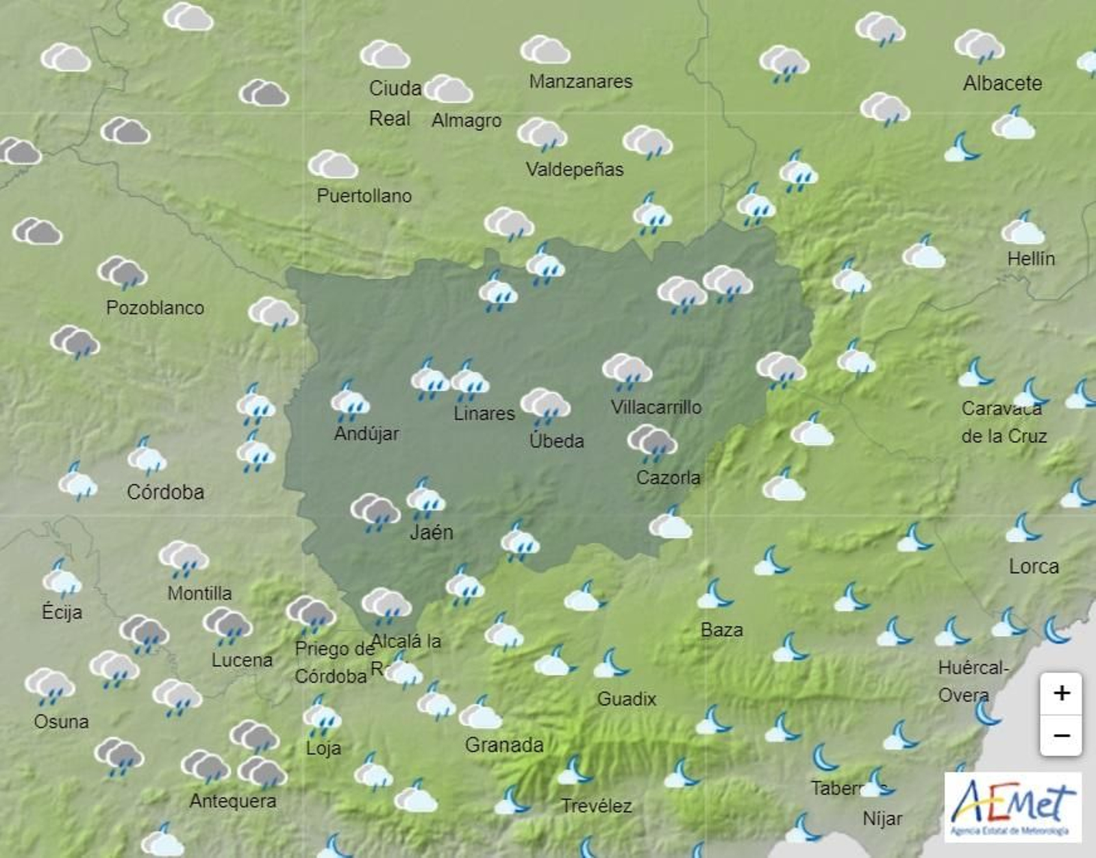 Mapa de lluvia para la madrugada del viernes.