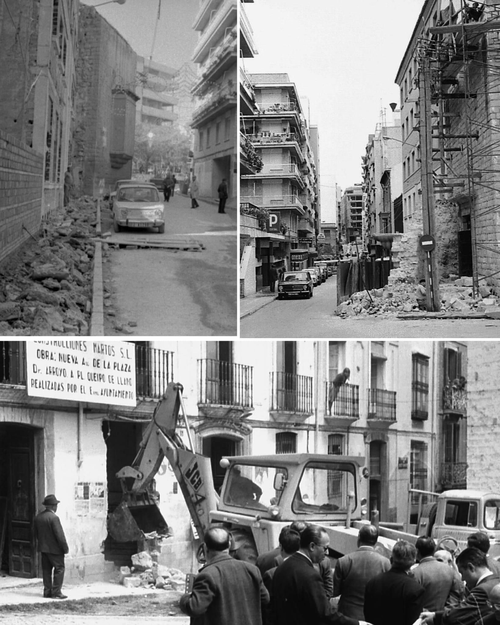 El coste del progreso urbano: la fachada del Convento de San Antonio (siglo XVI) es derribada durante las obras de ensanche de la calle Madre Soledad Torres Acosta en 1971.
