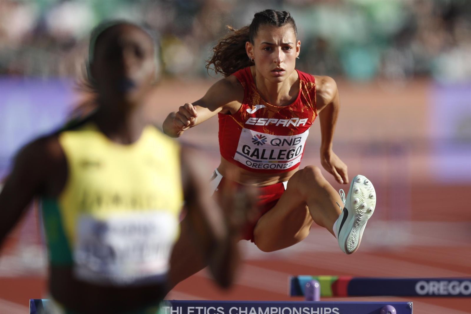 La española Sara Gallego, durante la semifinal de los 400 vallas de los Mundiales de atletismo de Eugene