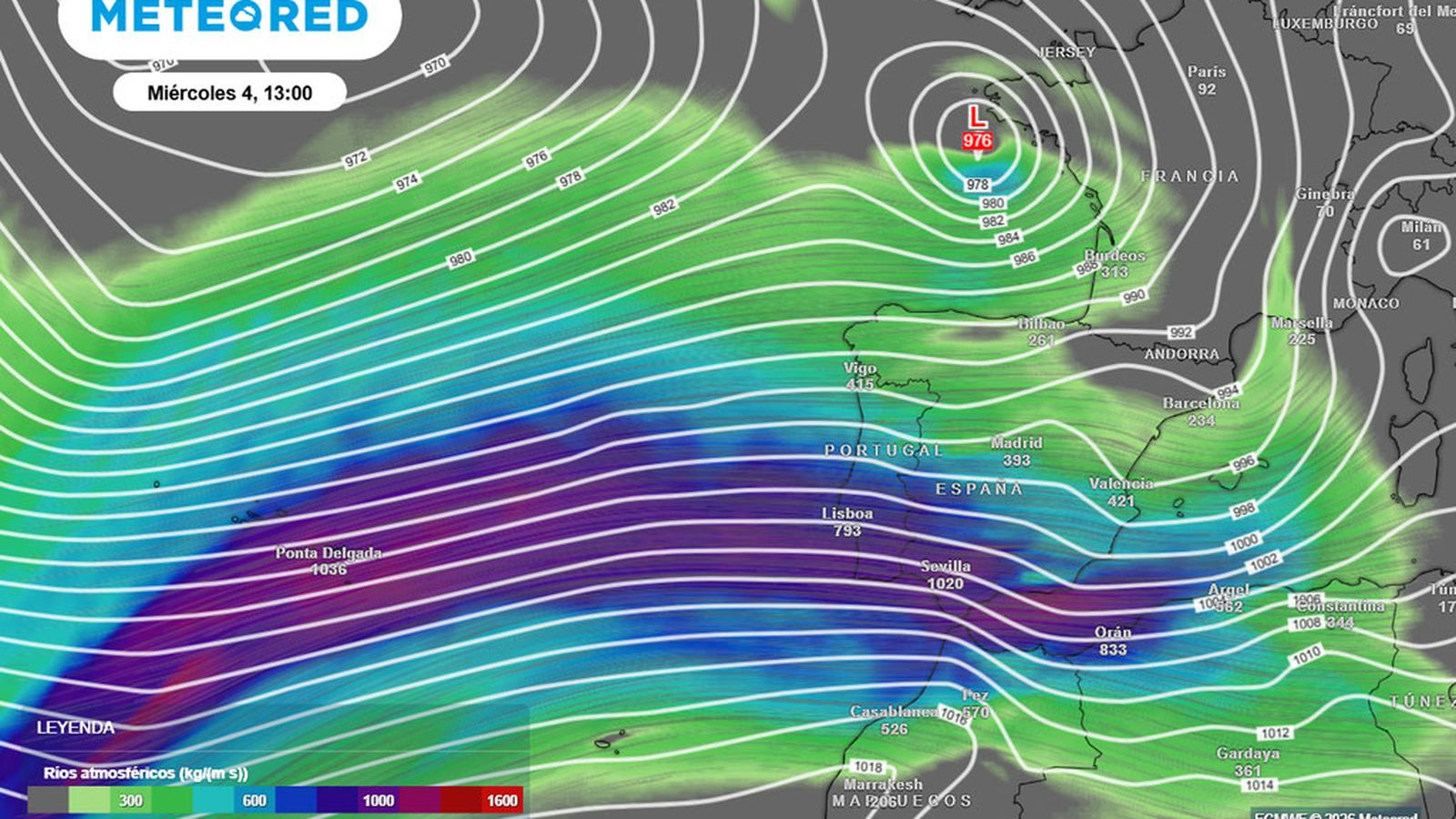 El río de humedad impactará de lleno en Cádiz el miércoles 4 de febrero.