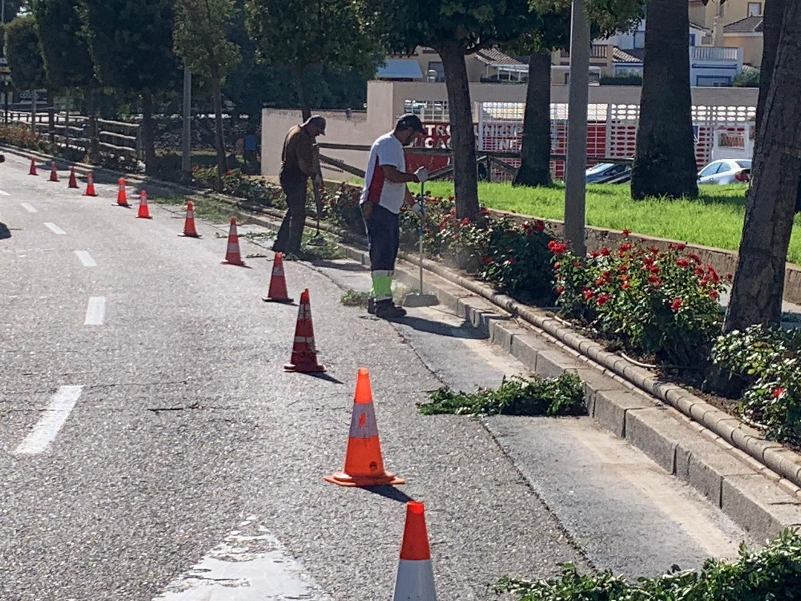 Dos operarios de limpieza barren los bordillos ajardinados de la localidad.