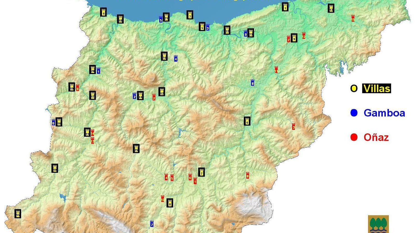 Situación de las principales casas de bandos y las 25 villas medievales.