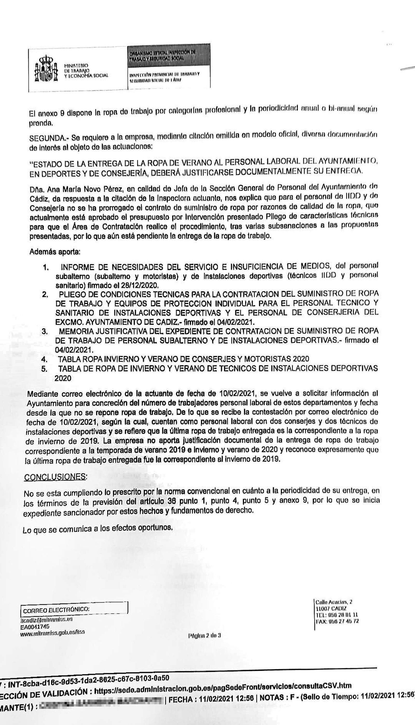 Respuesta de la Inspección de Trabajo en la que comunica que abre expediente sancionador al Ayuntamiento.