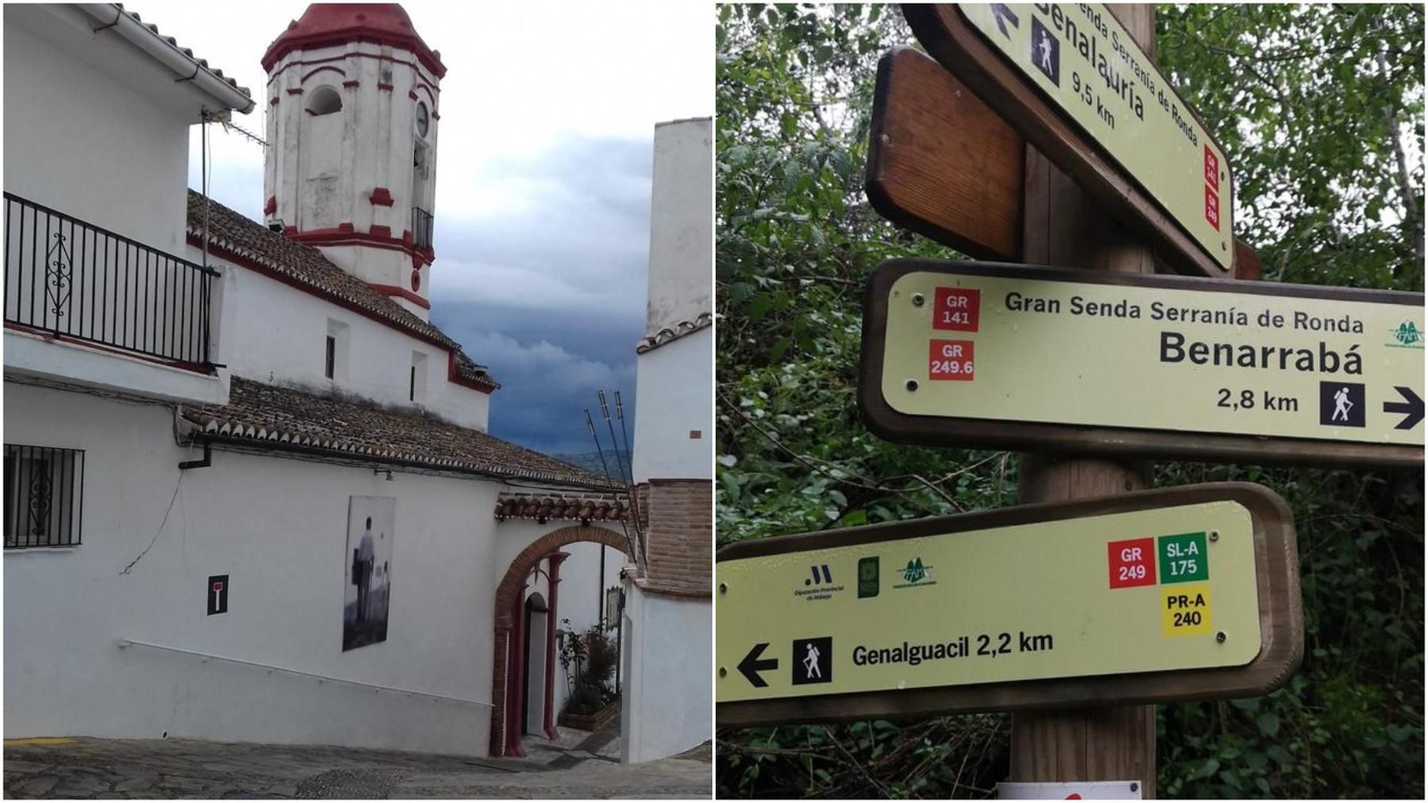 Genalguacil y una de las señalizaciones de la ruta de senderismo.