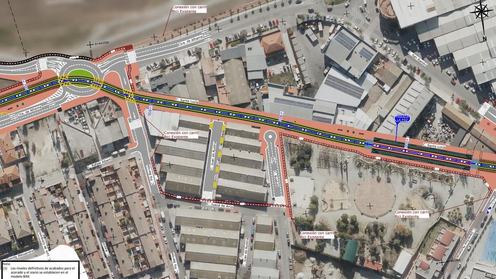 Imagen del trazado de la ampliación Sur del Metro de Granada en la cale Santa Lucía, donde se iniciarán las obras