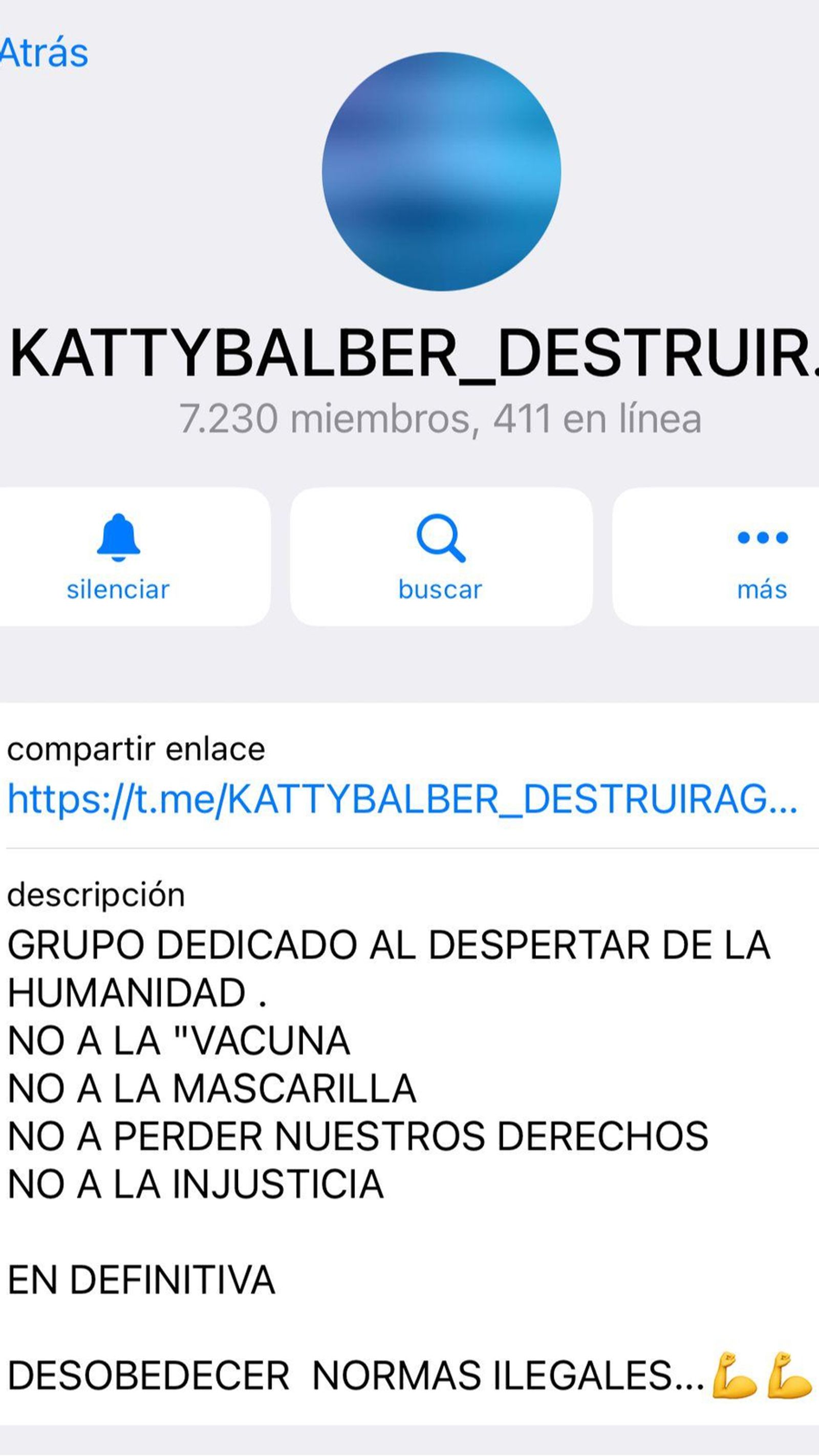 Captura de la descripción del grupo de Telegram KATTYBALBER_DESTRUIRAGENDA2030.