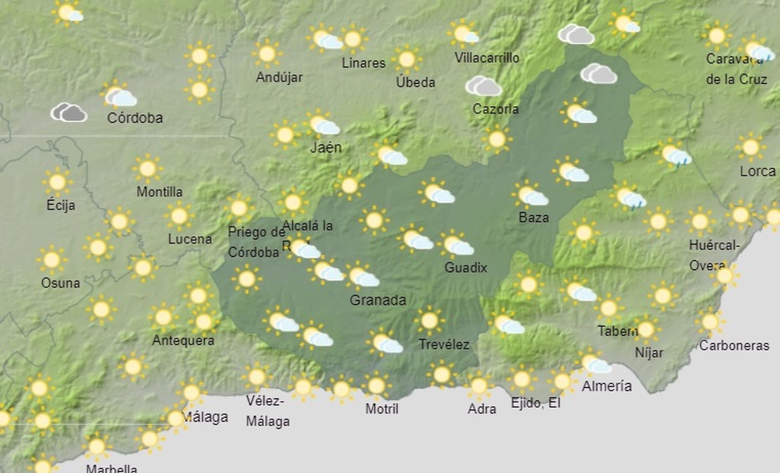 Mapa de previsión de Aemet para el martes 19 de abril en la provincia de Granada