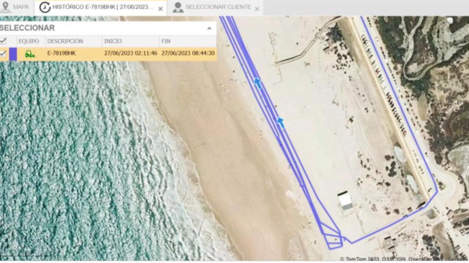 Imagen con el recorrido registrado por GPS de un vehículo de limpieza en la playa de Camposoto.
