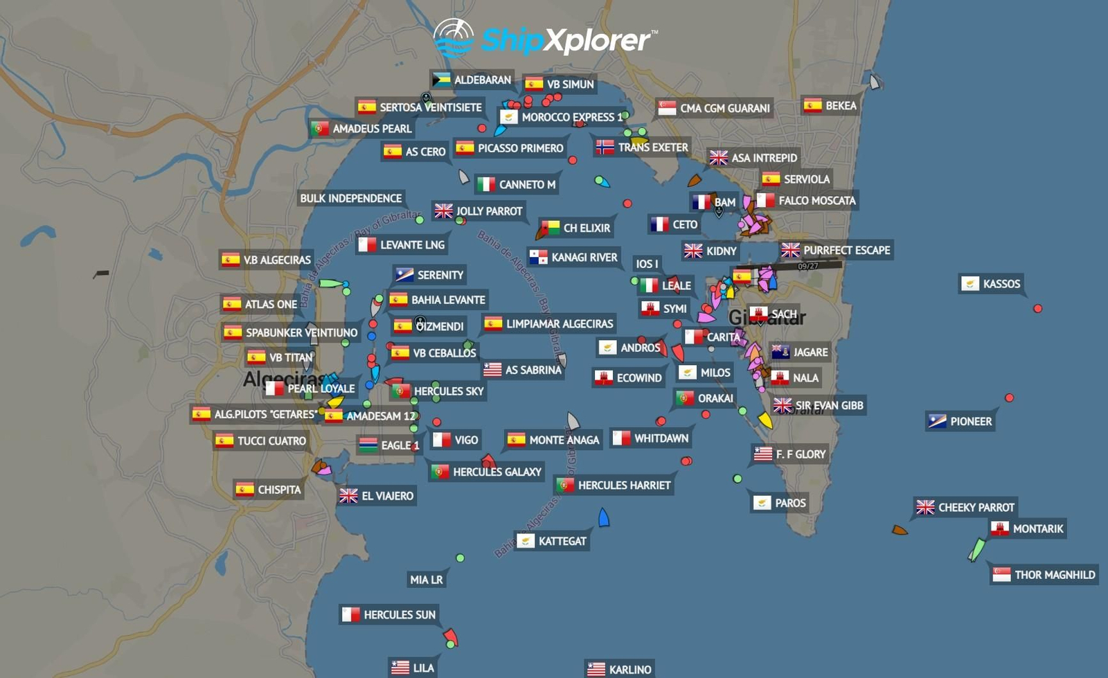 Captura de ShipXplorer con 188 barcos en la bahía de Algeciras.