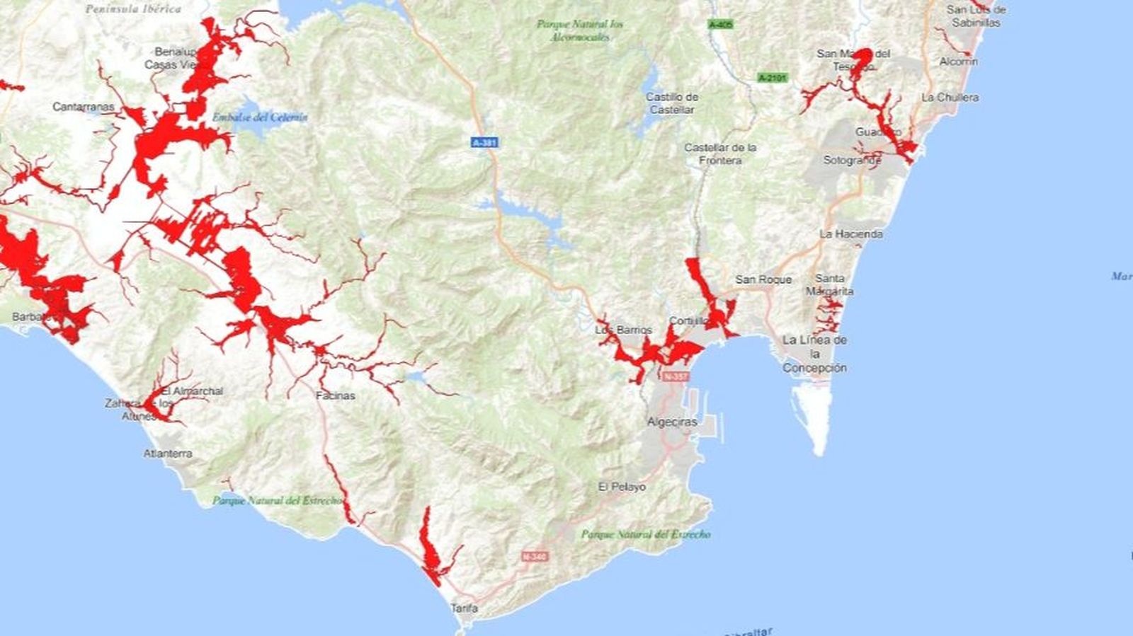 Mapa de zonas inundables del Campo de Gibraltar.