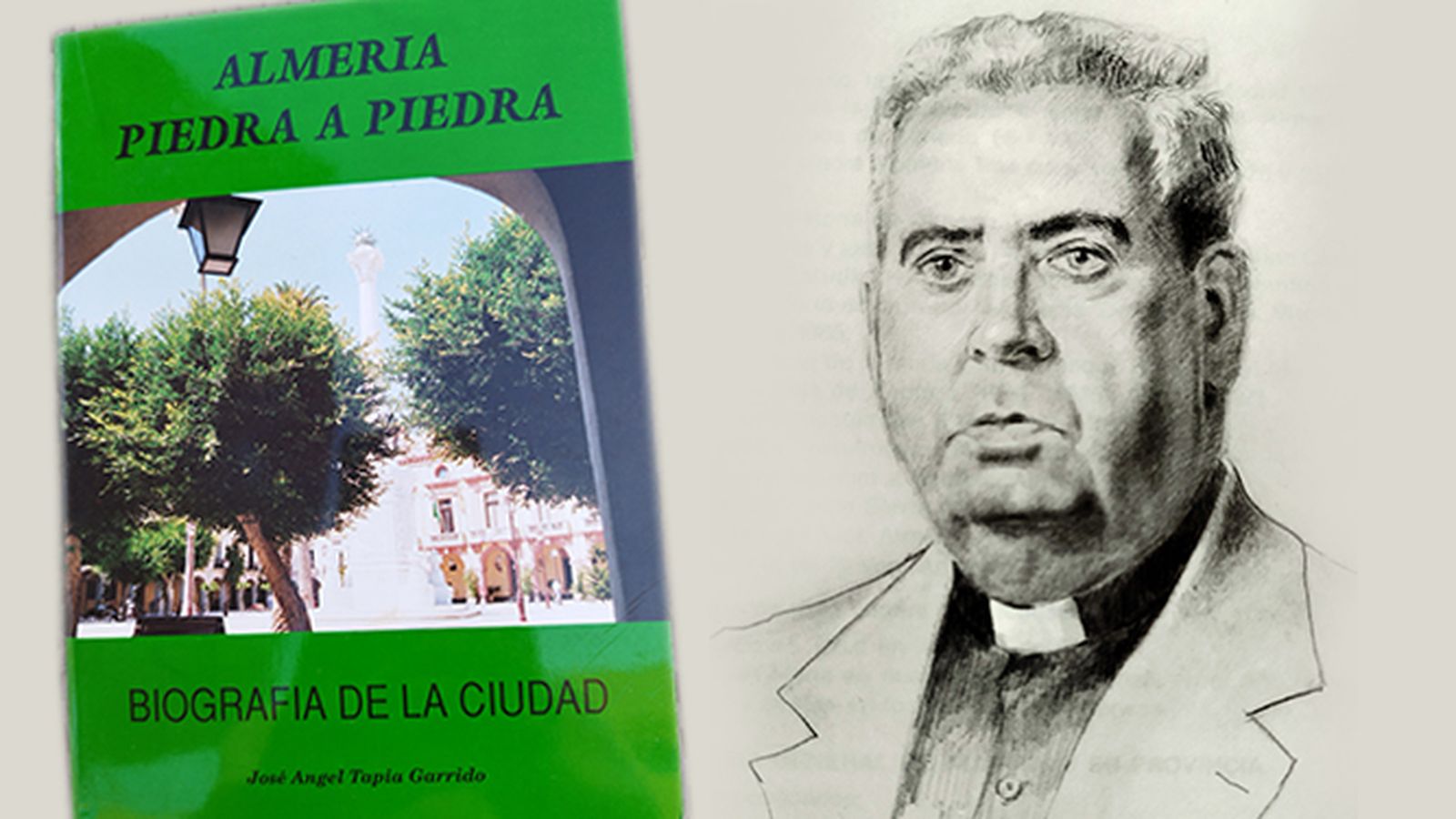 Retrato del Padre Tapia, por José Luis Ruz Márquez y la portada de uno de sus libros.