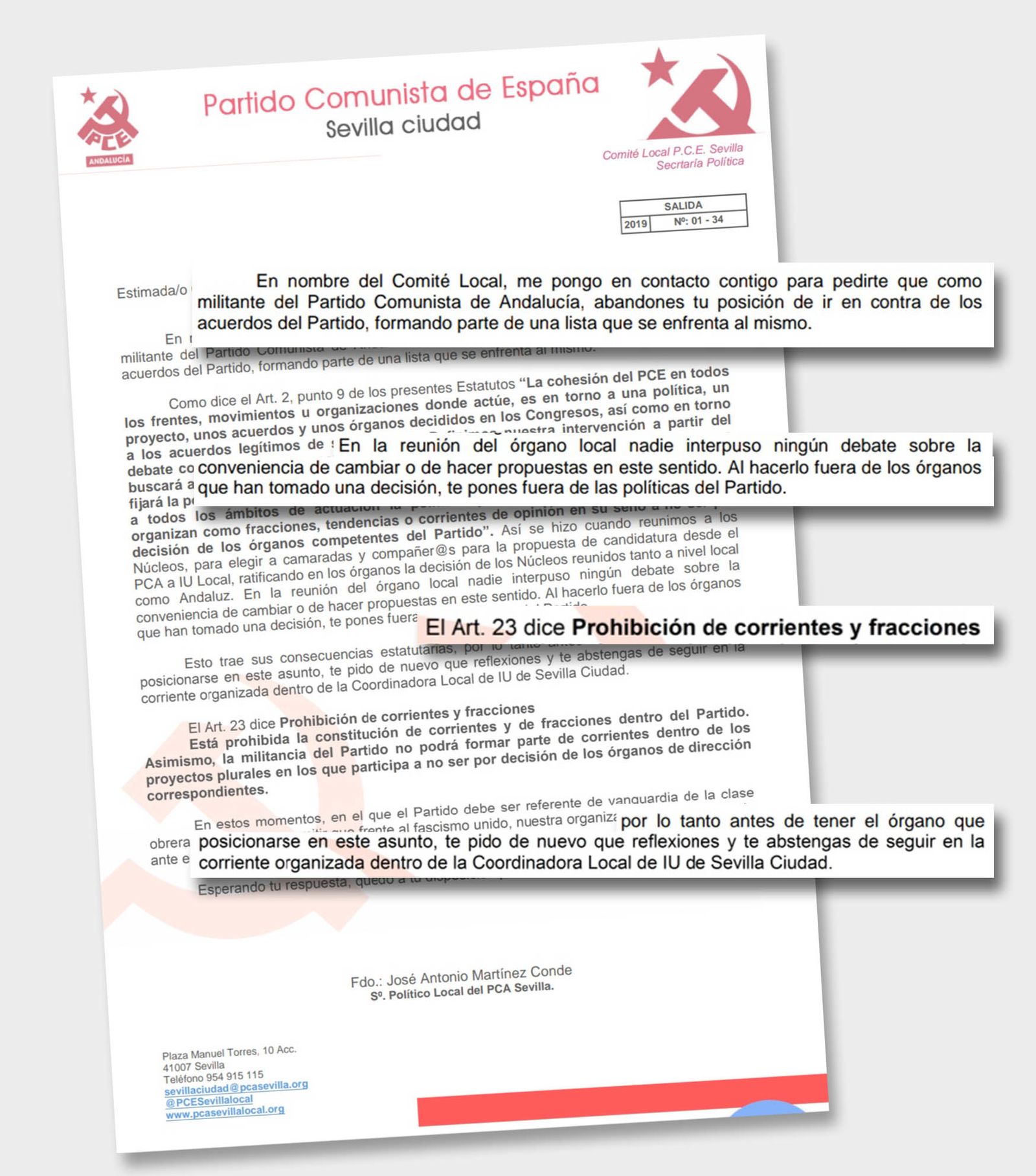 Carta del PCE de Sevilla a sus militantes sobre la guerra abierta de candidaturas.
