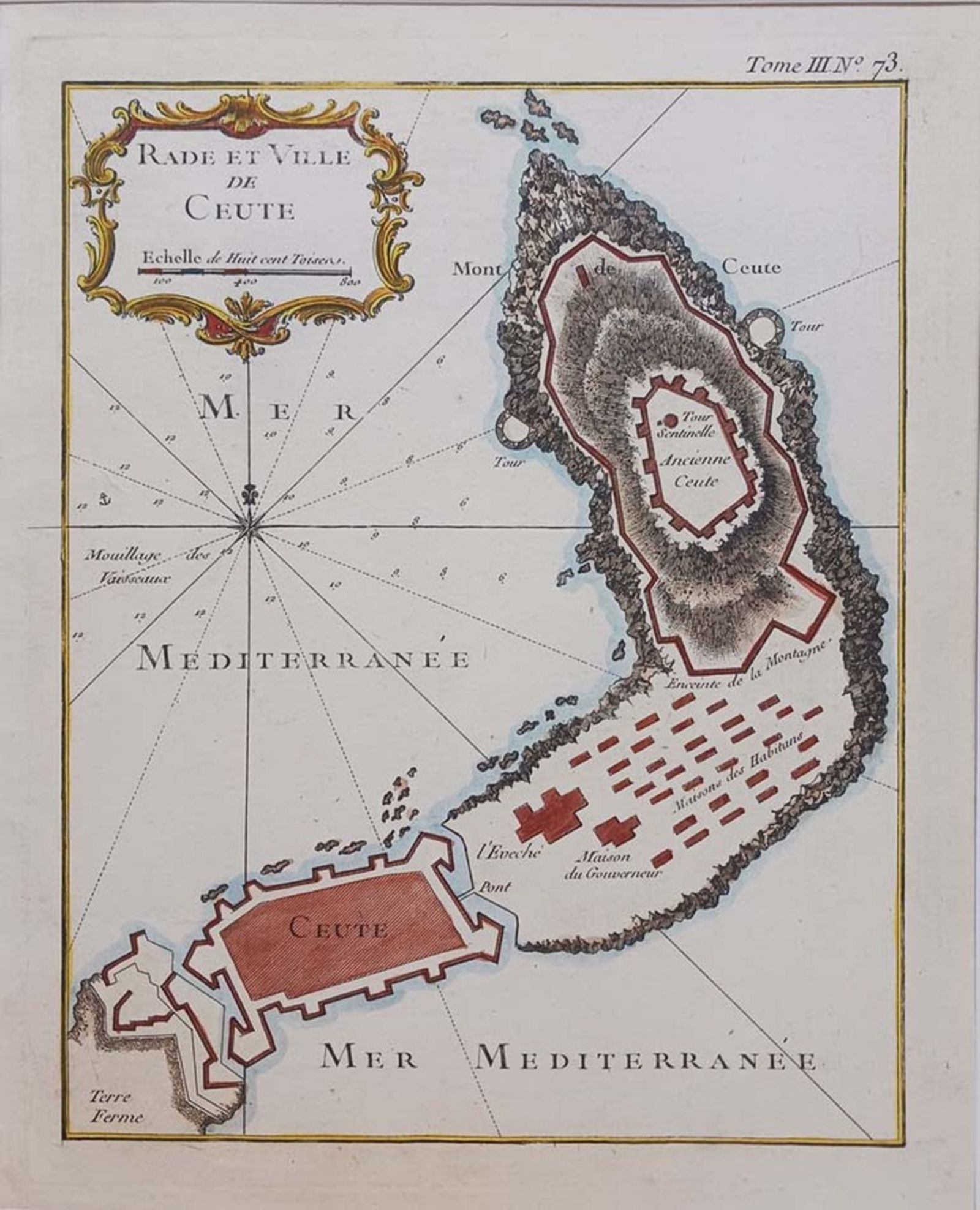 Plano francés de Ceuta en el siglo XVIII, arriba, a la derecha, la península de la Almina, coronada por la fortaleza del Hacho, que se convirtió en un famoso presidio, donde se recluían los penados transportados desde el puerto de Algeciras.