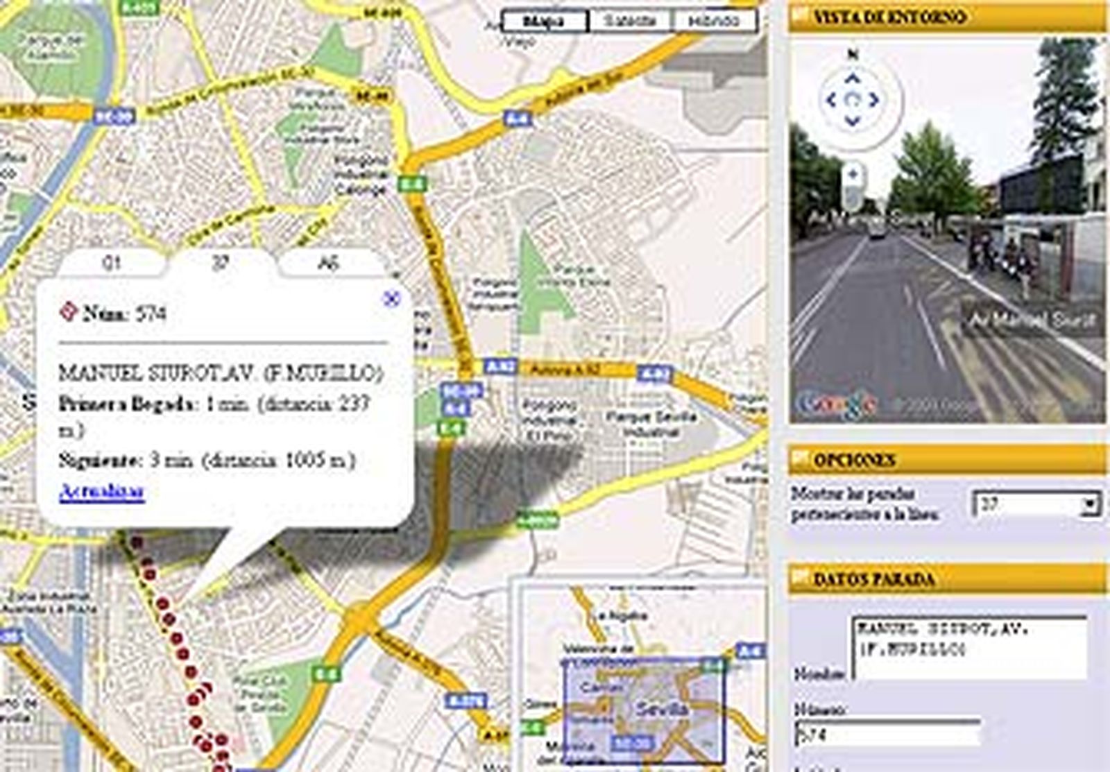 Las consultas de tiempos de llegada de los autobuses de Tussam, sobre Google Maps