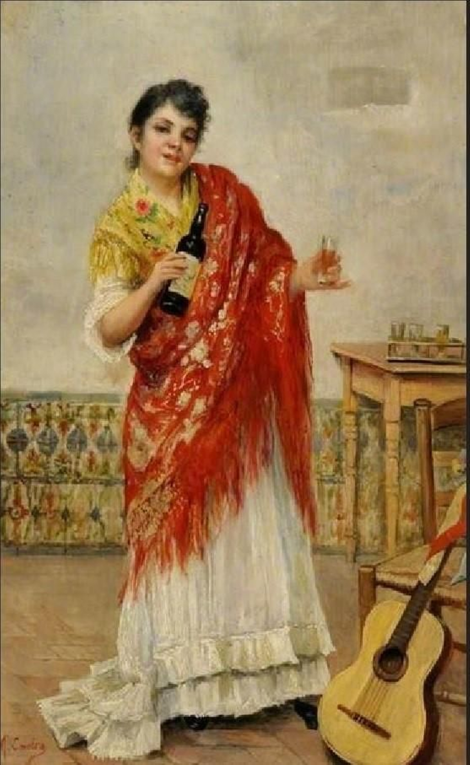 'Gitana con mantón rojo'. Escuela sevillana, finales XIX.