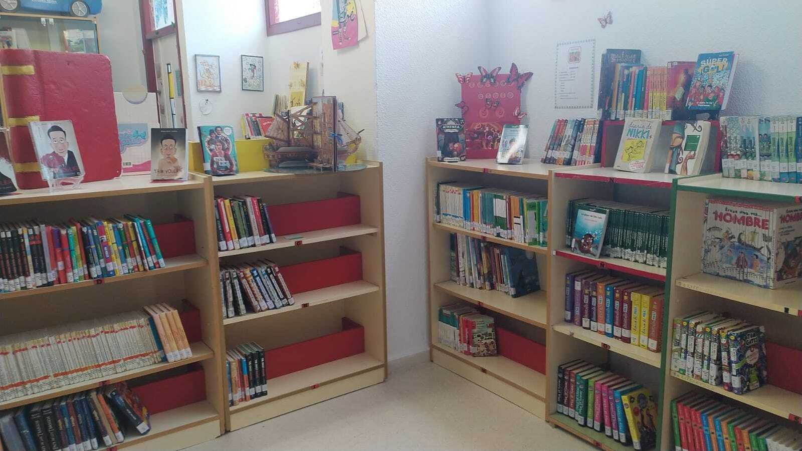 Las estanterías se dividen por colores según las etapas educativas.