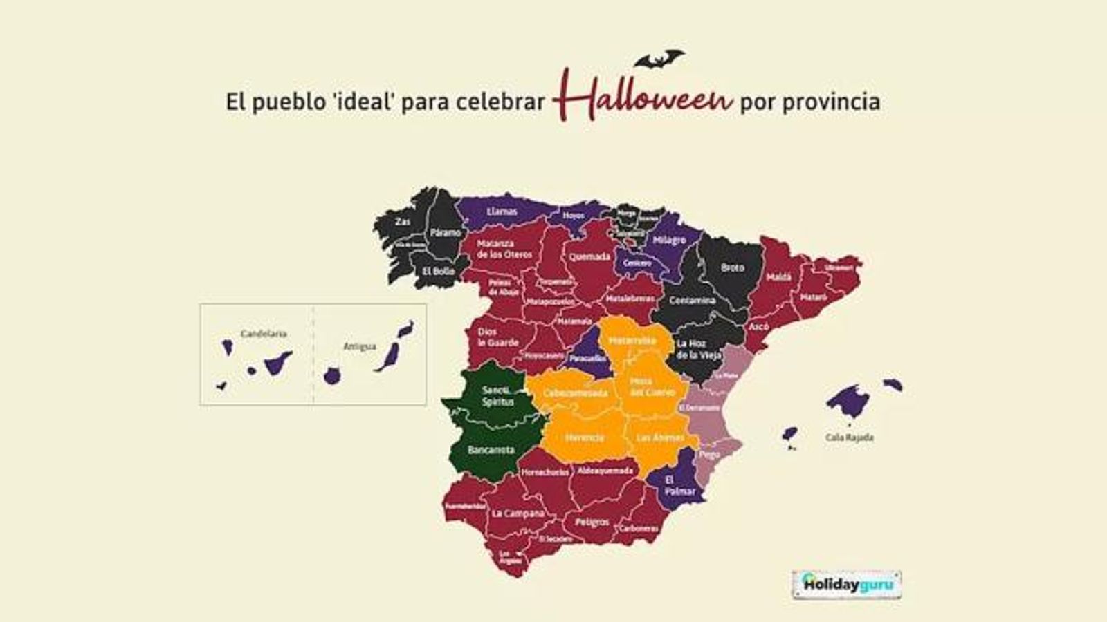 Mapa de España con los nombres de los pueblos más terroríficos.