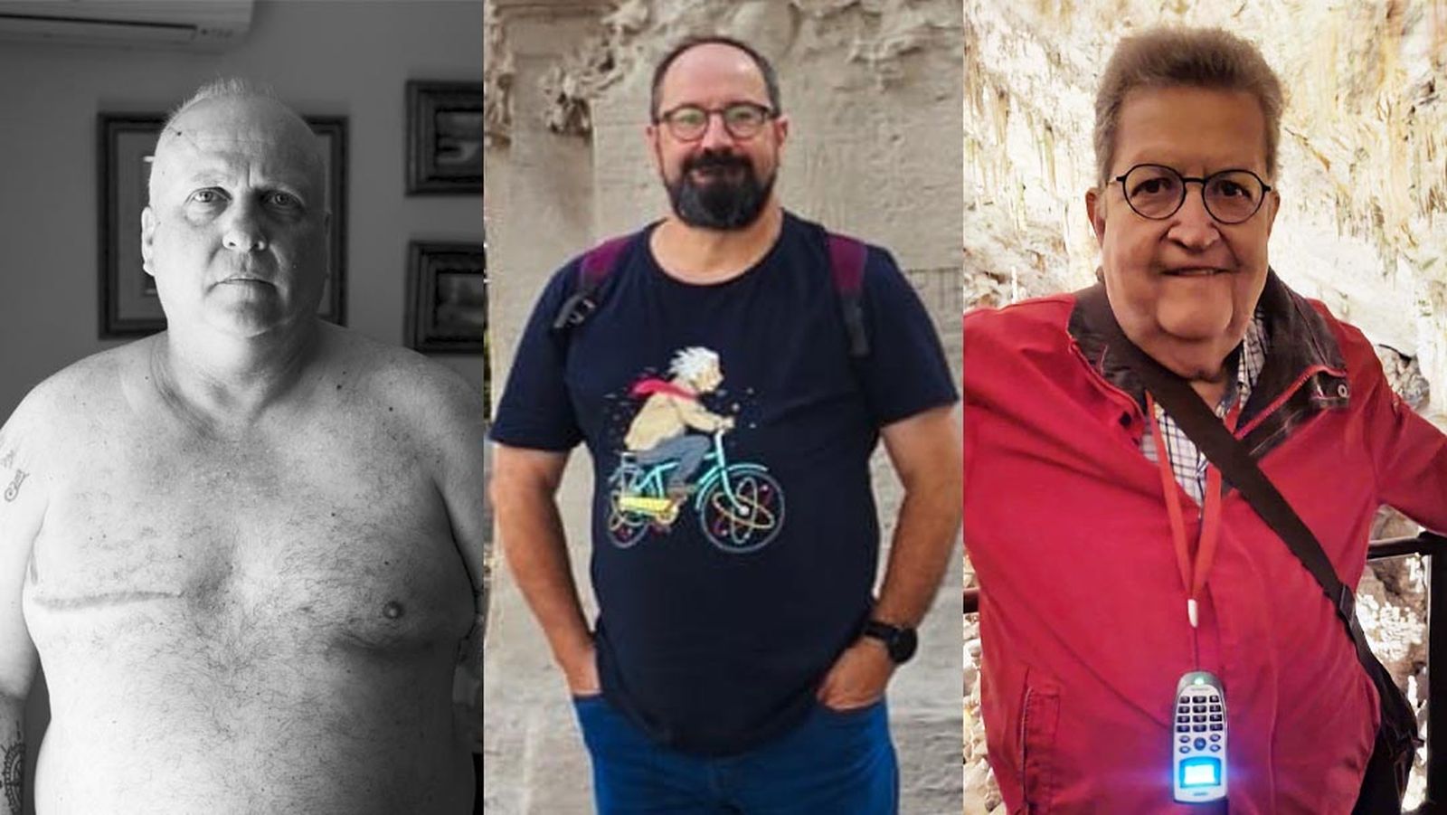 Chema, Pedro y Juan, tres hombres que ofrecen su testimonio tras ser diagnosticados de cáncer de mama.
