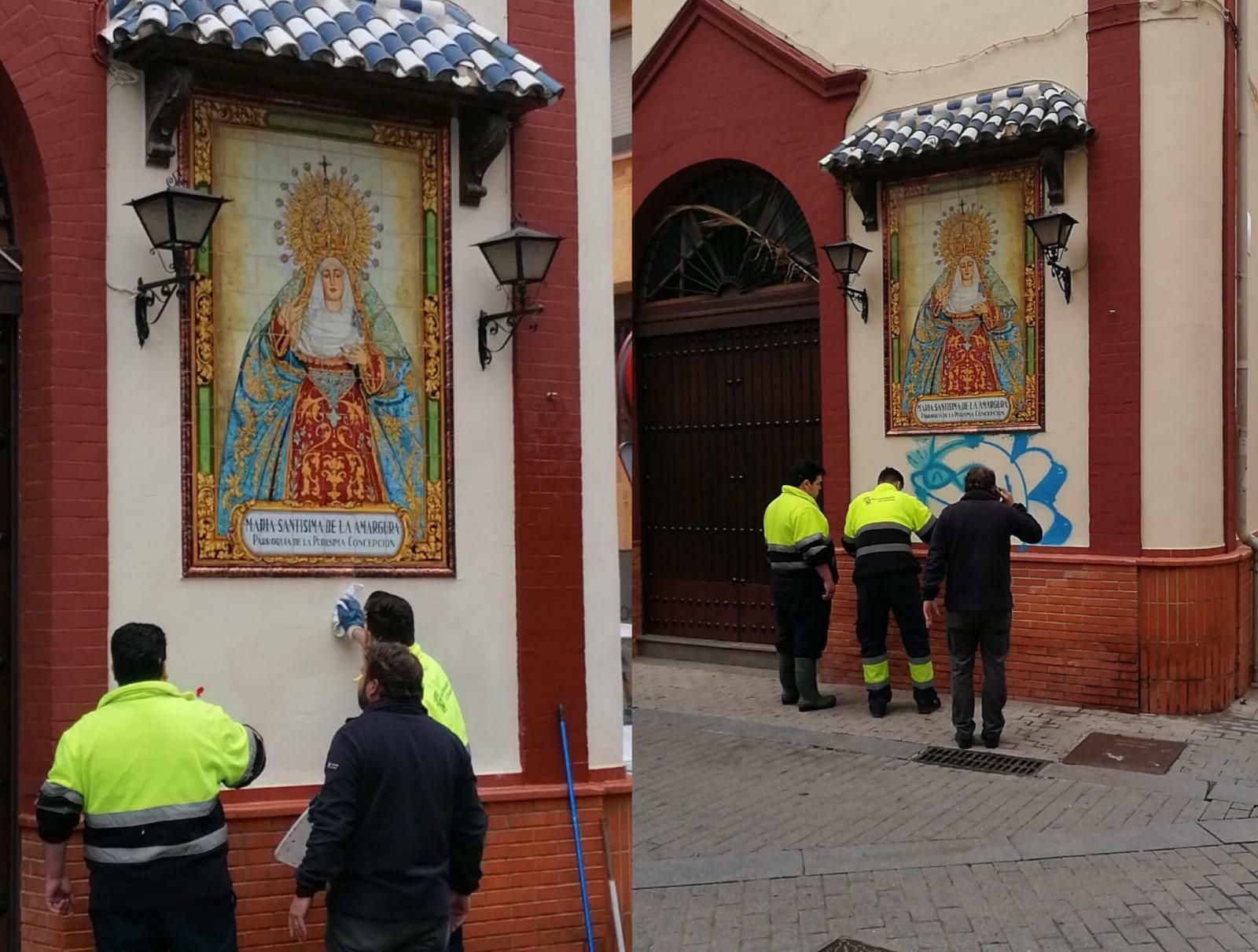 Pintada del azulejo y el estado actual tras la limpieza.