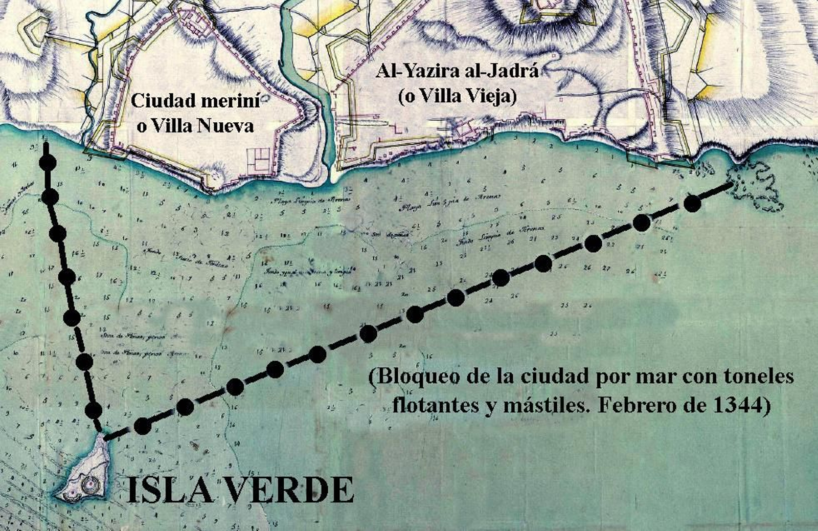 Sistema de bloqueo por mar de la ciudad con toneles flotantes y mástiles de barcos (febrero de 1344).