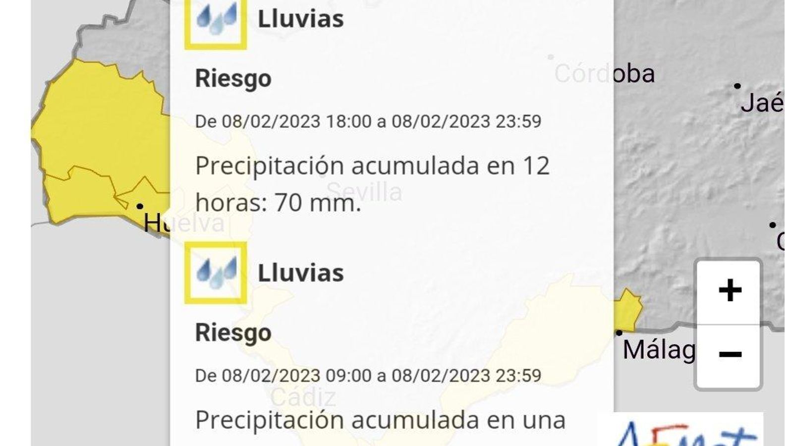 Aviso amarillo por lluvias en Huelva hasta las 23:59 de este miércoles