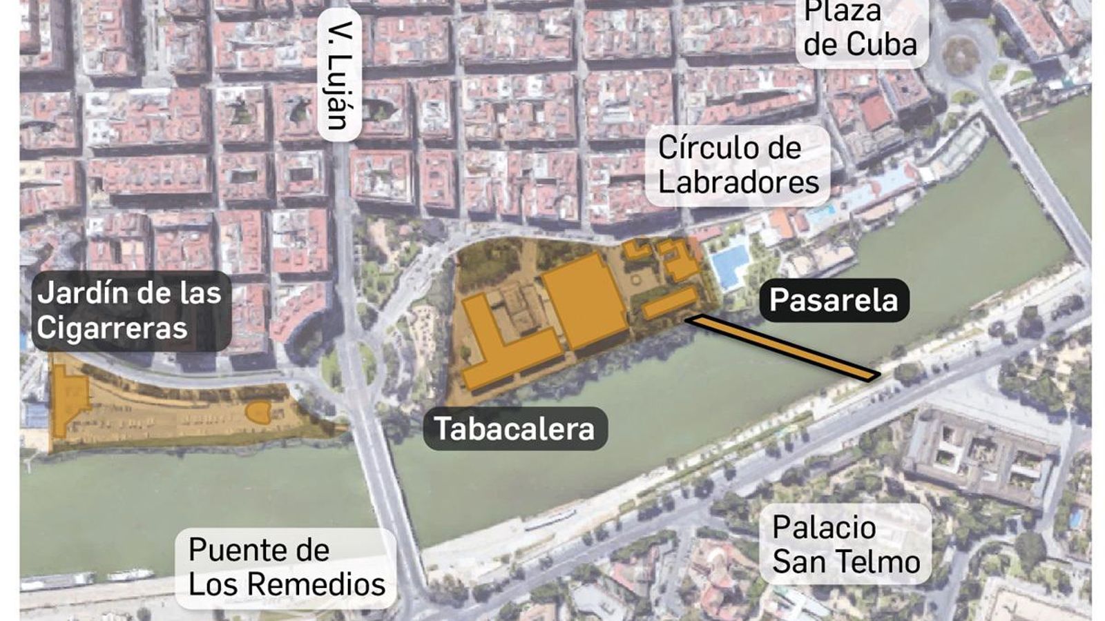 Localización de la pasarela propuesta. Fuente: Ayuntamiento de Sevilla y elaboración propia.