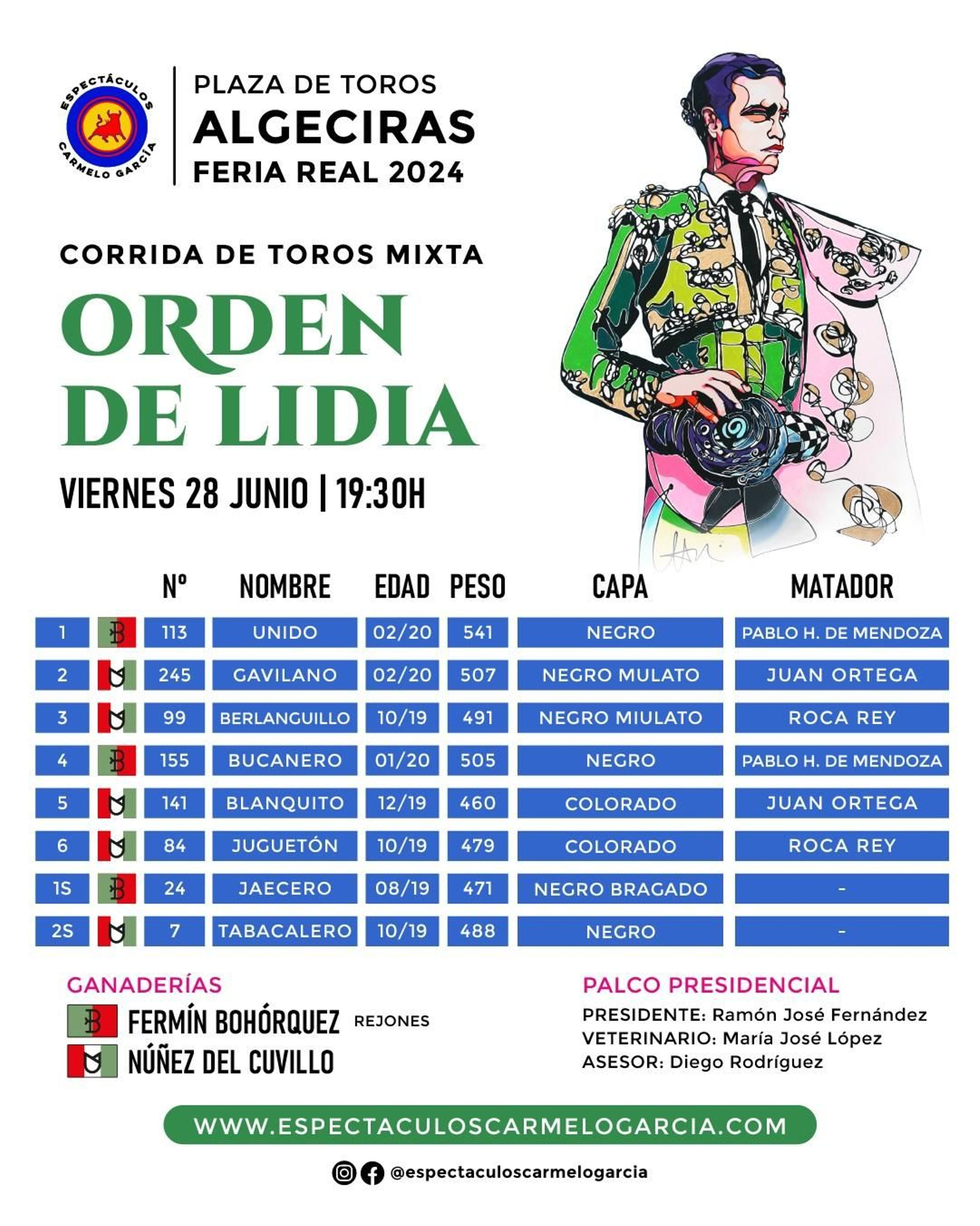 Orden de lidia en Algeciras, con 'Gavilano' en segundo lugar.