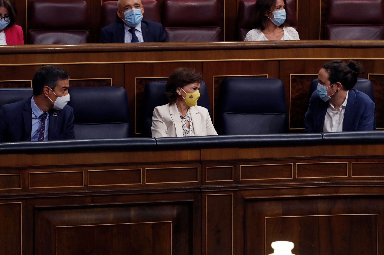 Pedro Sánchez, Carmen Calvo y Pablo Iglesias, este miércoles en la sesión de control al Gobierno en el Congreso de los Diputados.