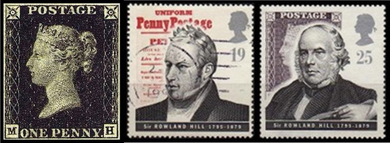 Primer sello emitido: Penny Black. Sellos del centenario de Rowland Hill, Gran Bretaña