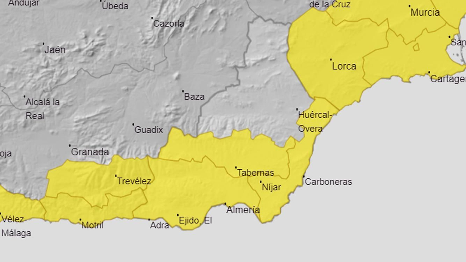 Mapa de alertas por lluvias y tormentas en Almería para el sábado 21 de septiembre.