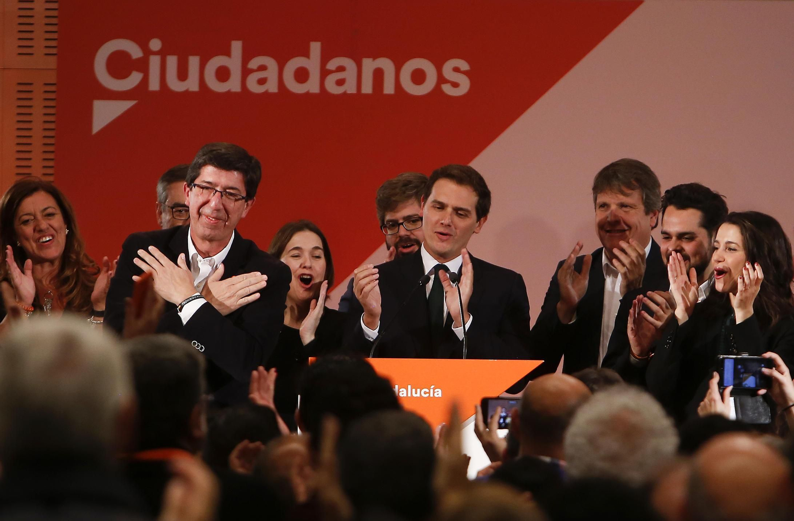 Juan Marín, anoche, en la sede electoral de Cs.