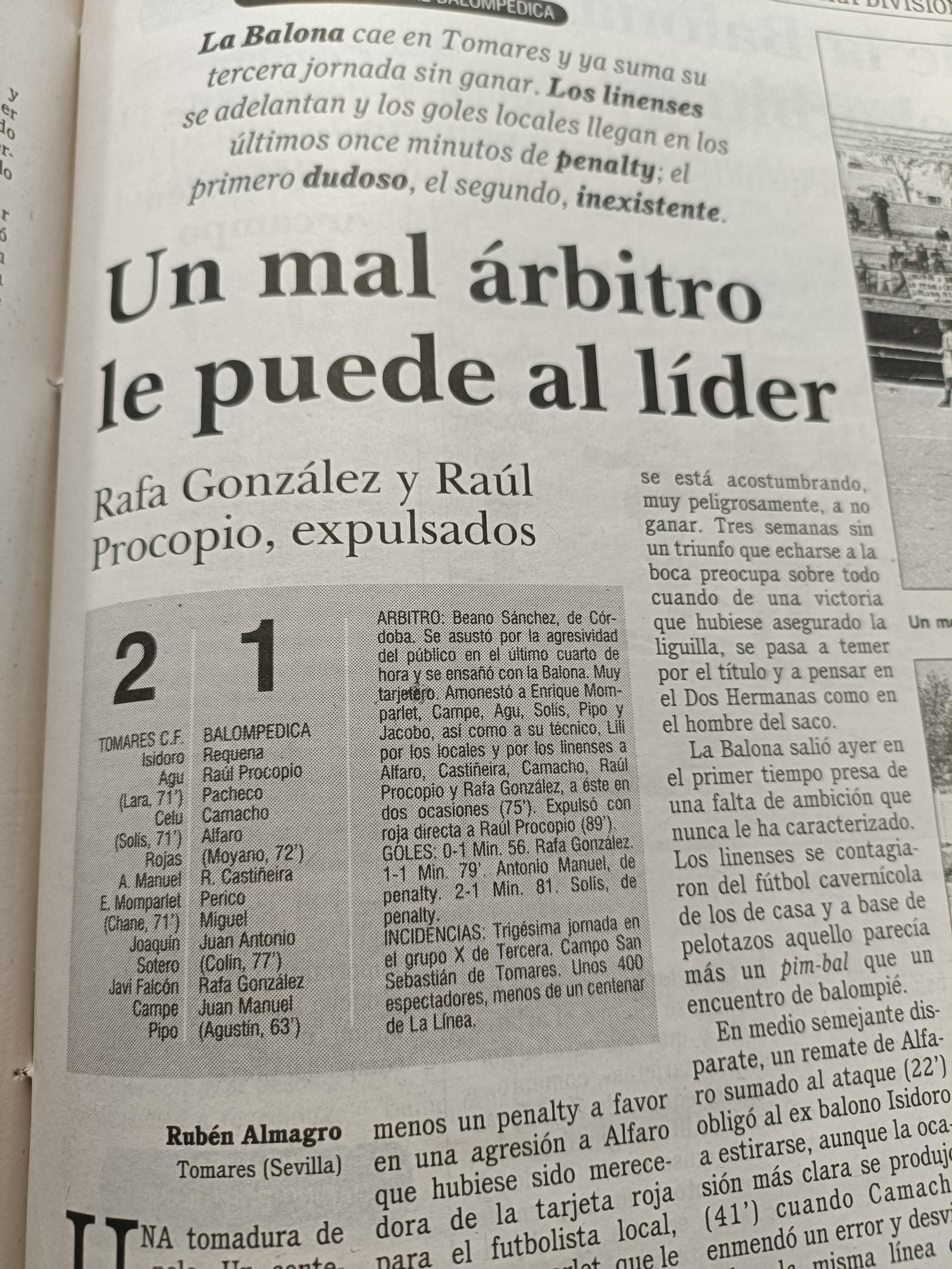 Parte de la cronica de 'Europa Sur' del Tomares-Balona de 1999.