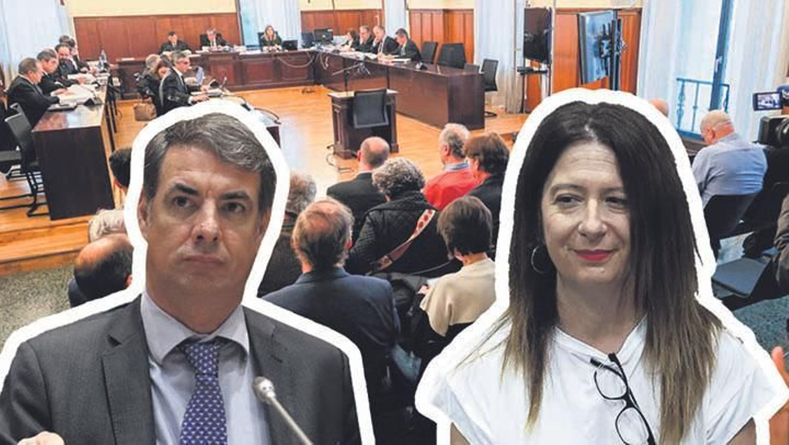 Vicente Fernández y Leire Díez, sobre una imagen de la primera sesión del juicio de la mina de Aznalcóllar.