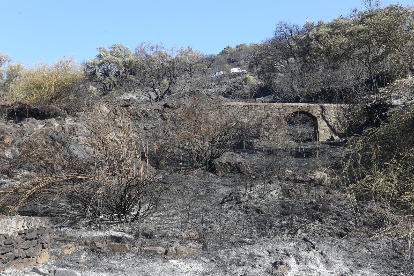 Imágenes del área afectada por el fuego del segundo día en el incendio de Almonaster