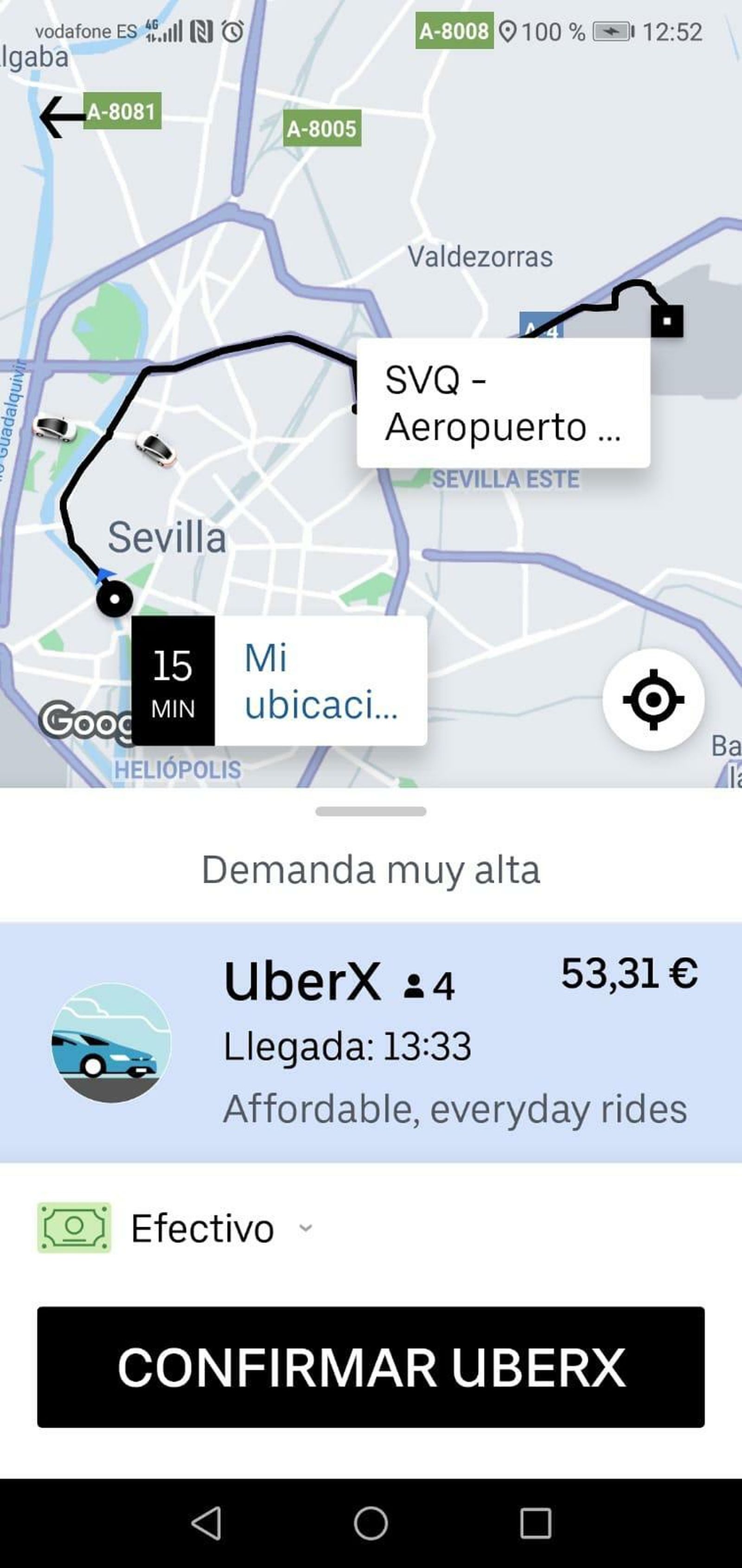 Captura de pantalla del precio de un viaje de Uber al aeropuerto durante la manifestación.