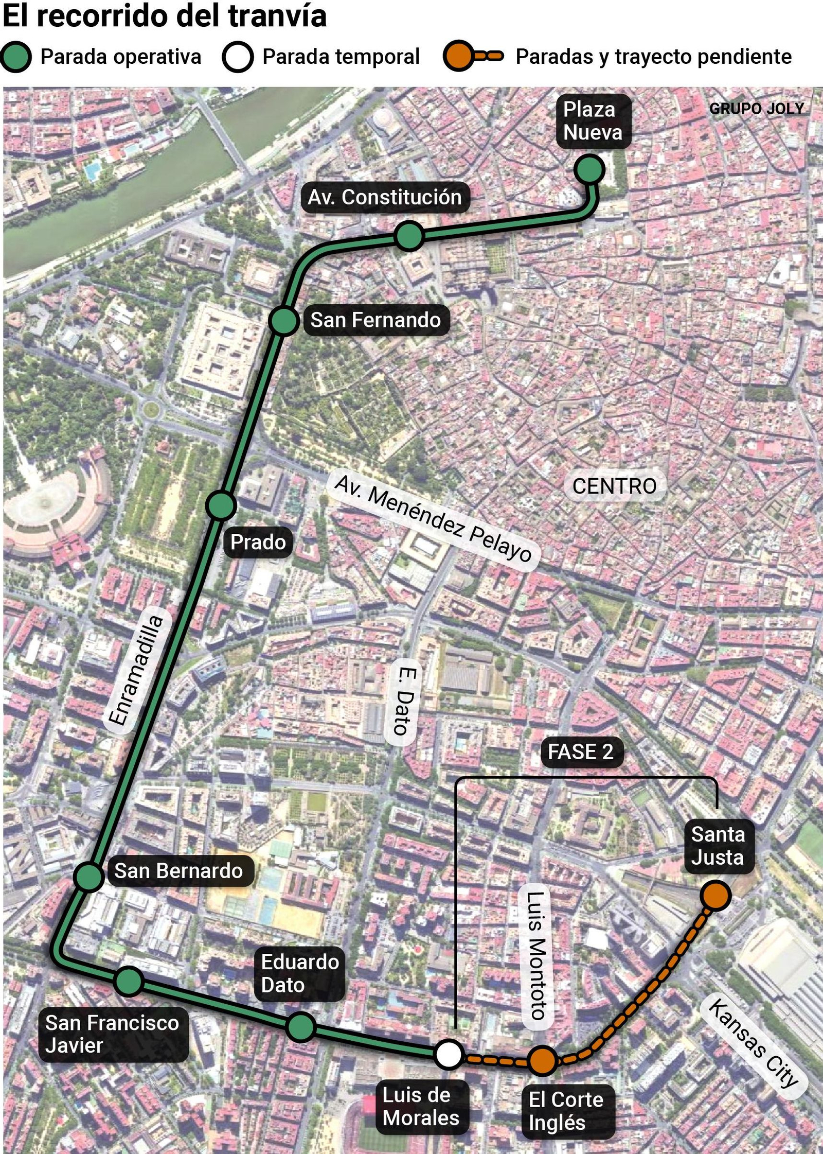 Recorrido del tranvía a día de hoy. Fuente: elaboración propia.