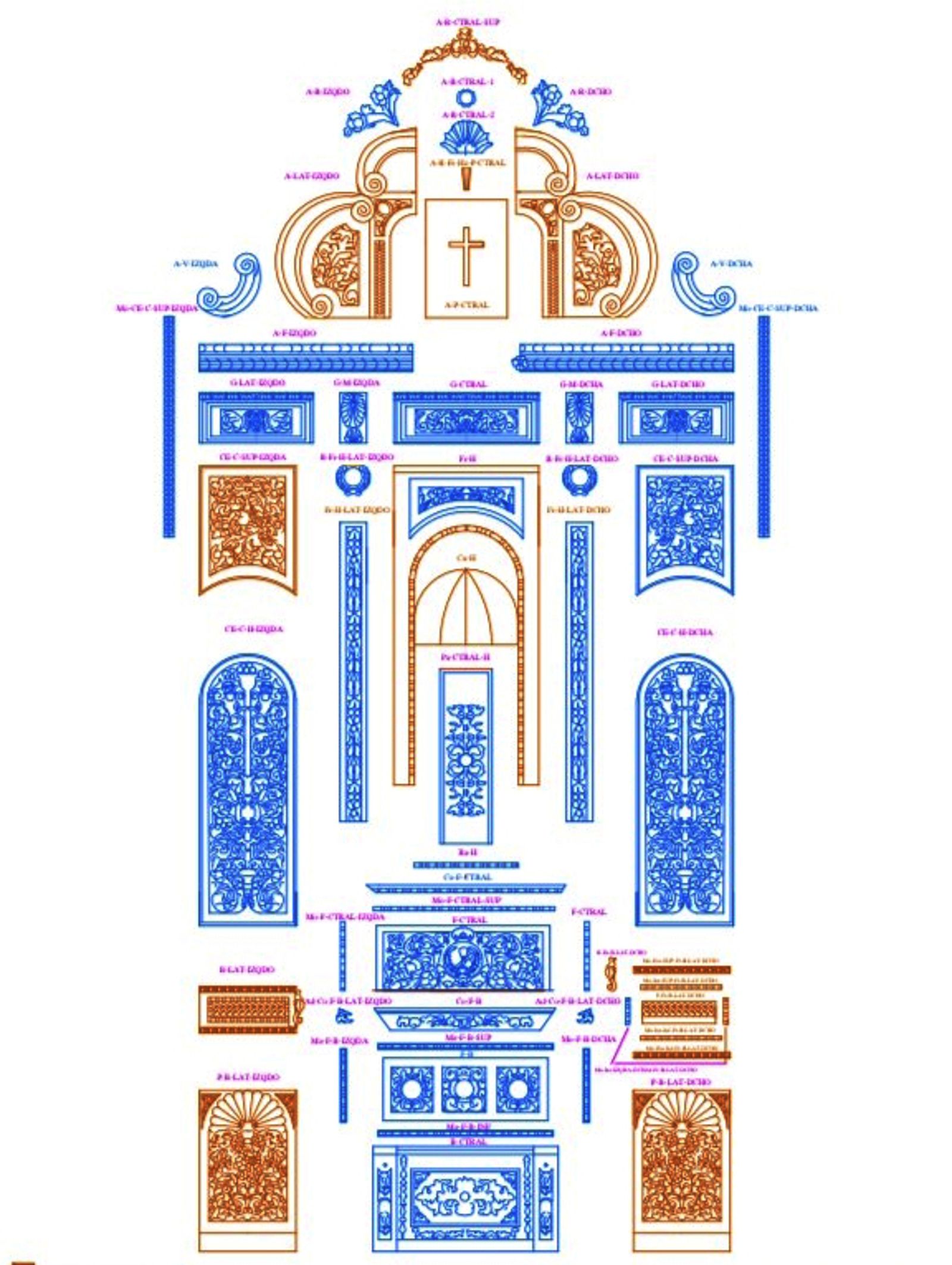 Proyecto del retablo en azul aparecen las piezas antiguas que se conservan y en marrón aquellas que se tendrán que reponer.