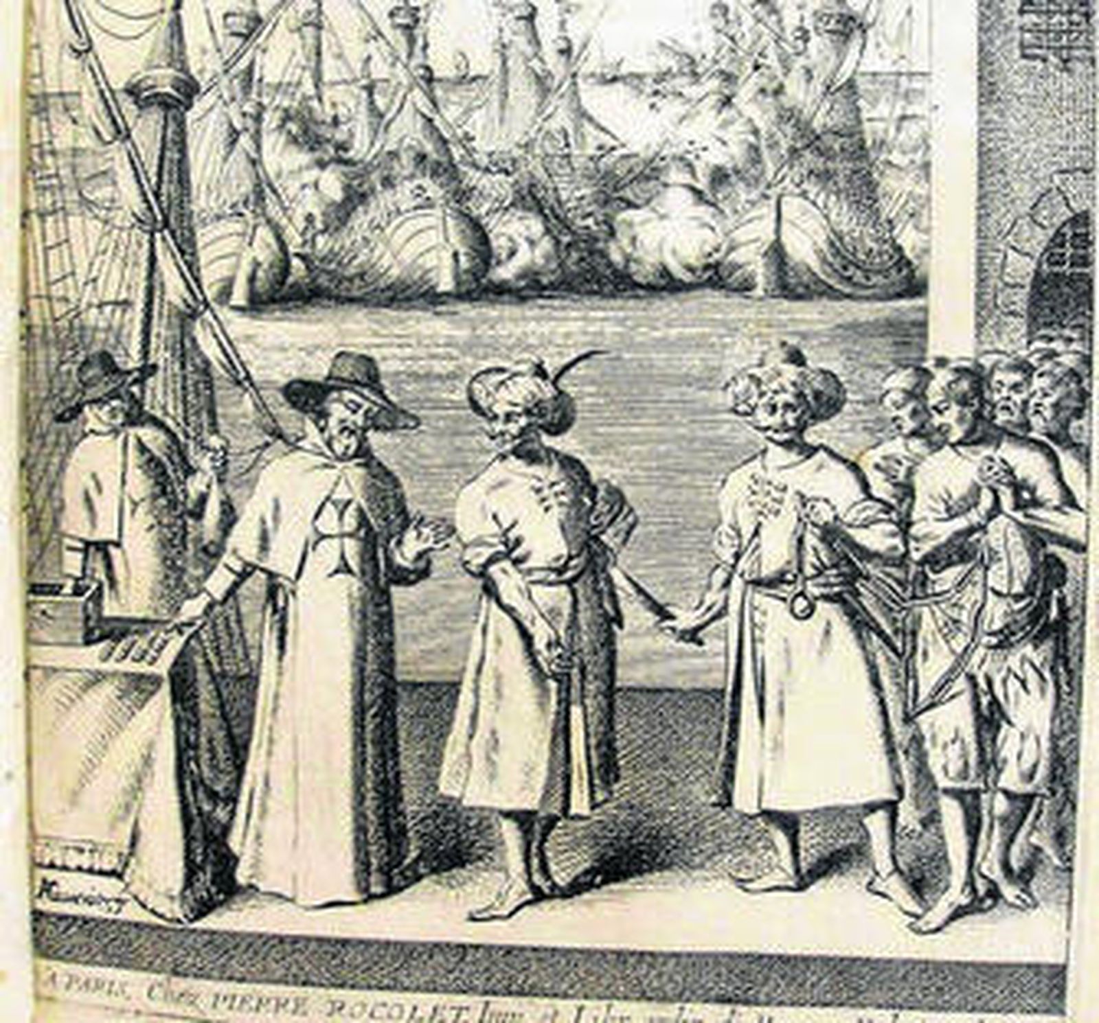 Grabado que muestra la labor de los frailes redentores de cautivos.