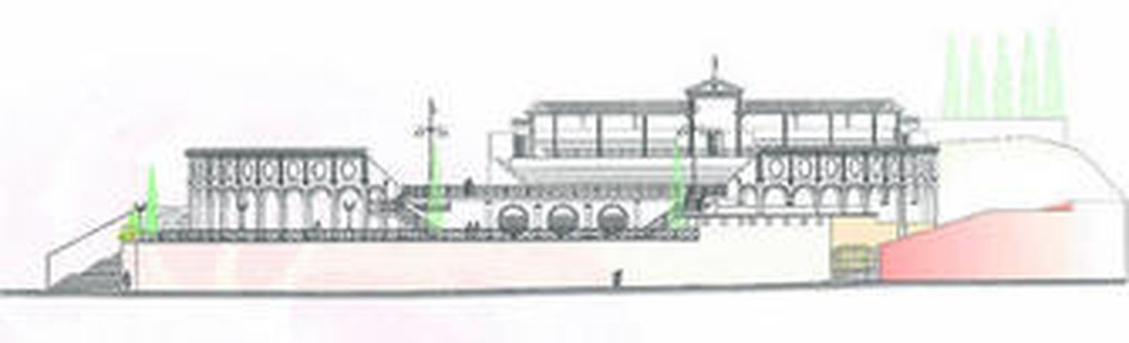 La peculiaridad de la parcela ha determinado que el Coliseo de Almedinilla tenga tres tendidos formando un trébol de tres hojas. En la imagen el alzado de la multiusos, de aire romano.