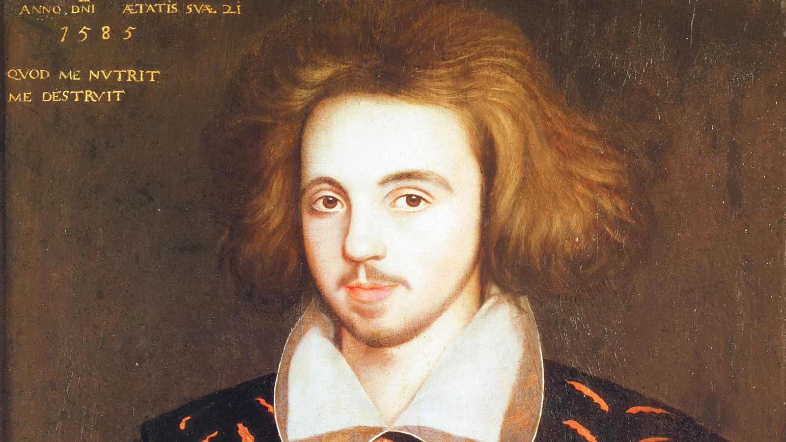 Detalle de un retrato realizado en 1585 a un varón tradicionalmente reconocido como Christopher Marlowe.