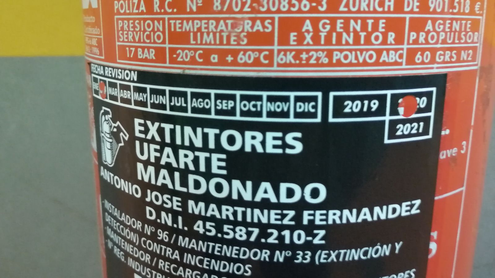 Extintores cuya última revisión fue en febrero de 2020